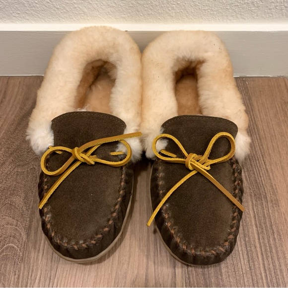 Women’s Minnetonka Alpine Sheepskin Moccasins, Chocolate Brown - Picture 1 of 6